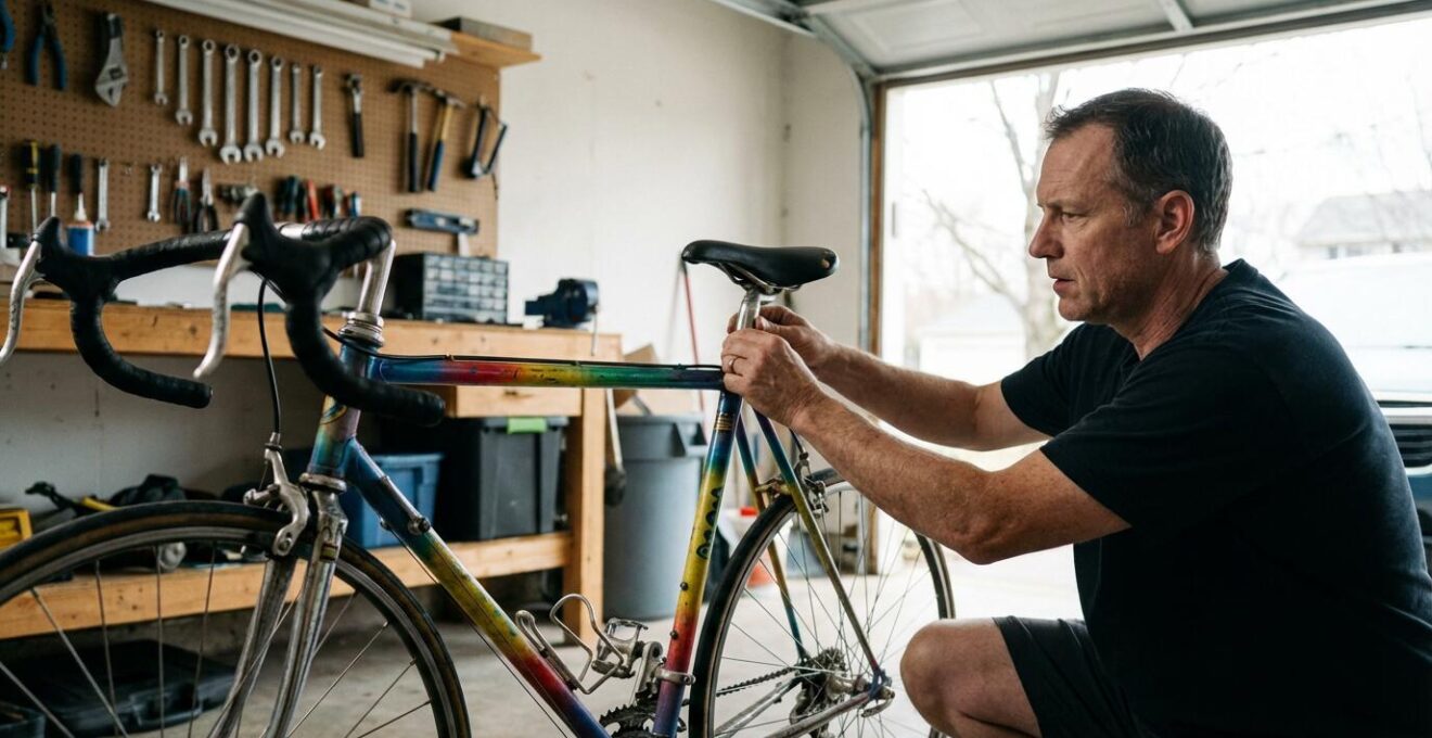 Cycliste ajustant la selle d'un vélo vintage Peugeot dans un garage personnel