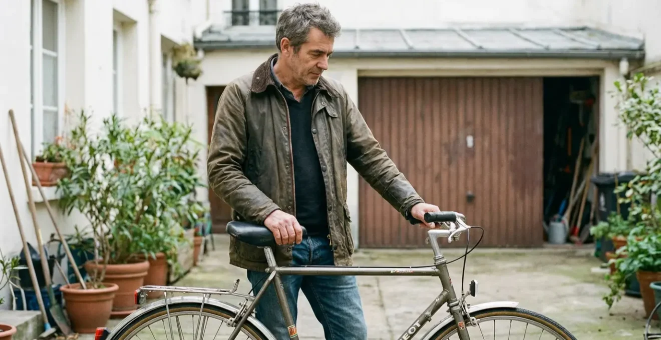 Cycliste examinant son vélo vintage Peugeot dans une cour résidentielle