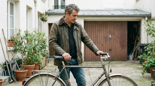 Cycliste examinant son vélo vintage Peugeot dans une cour résidentielle