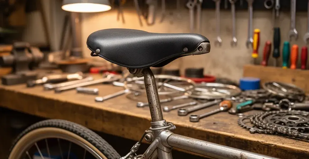 Selle vélo confort avec canal central montée sur cadre vintage en atelier